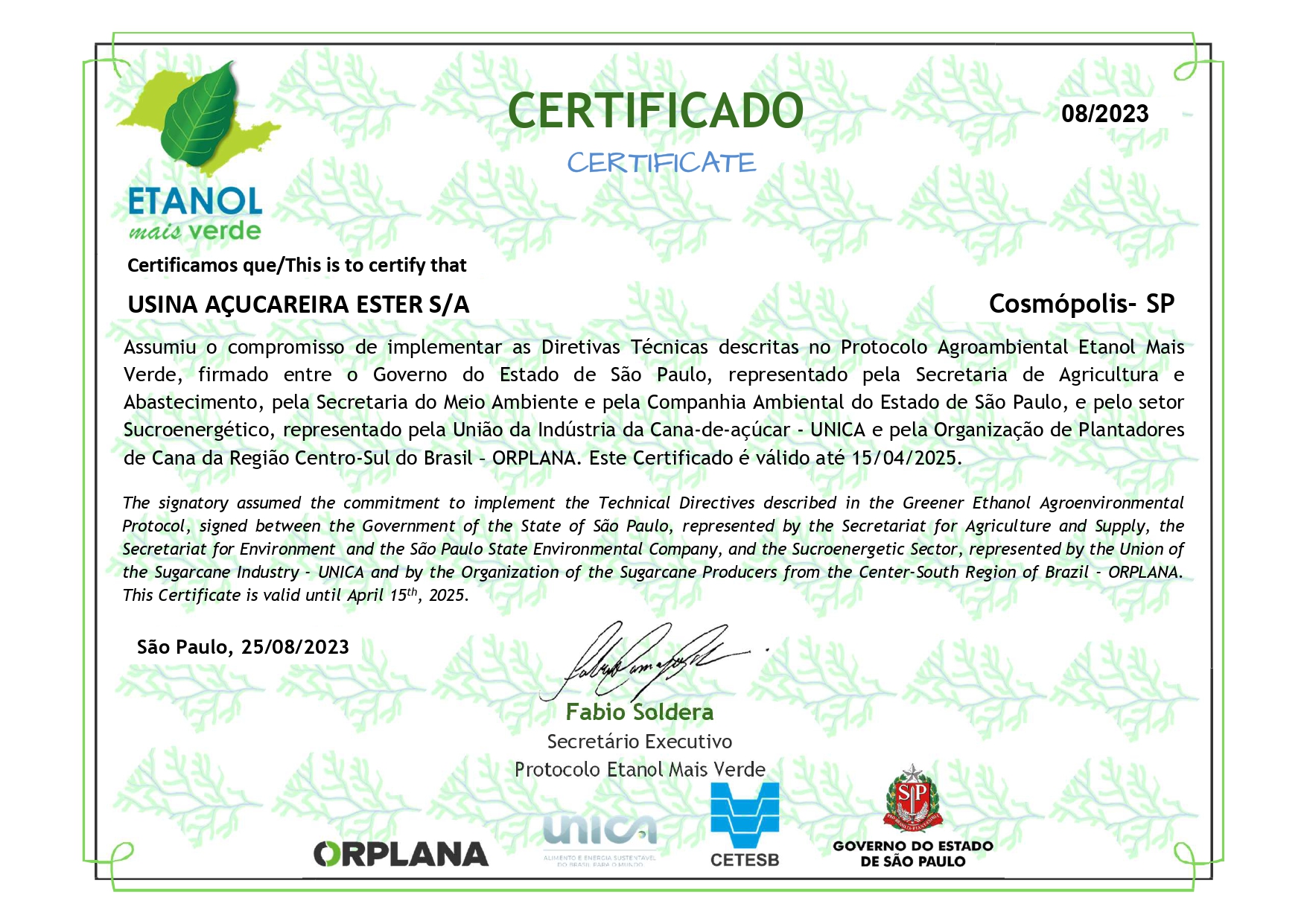 Certificado Etanol Mais Verde