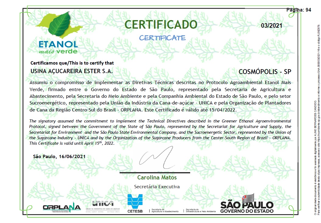 Certificado Etanol Mais Verde