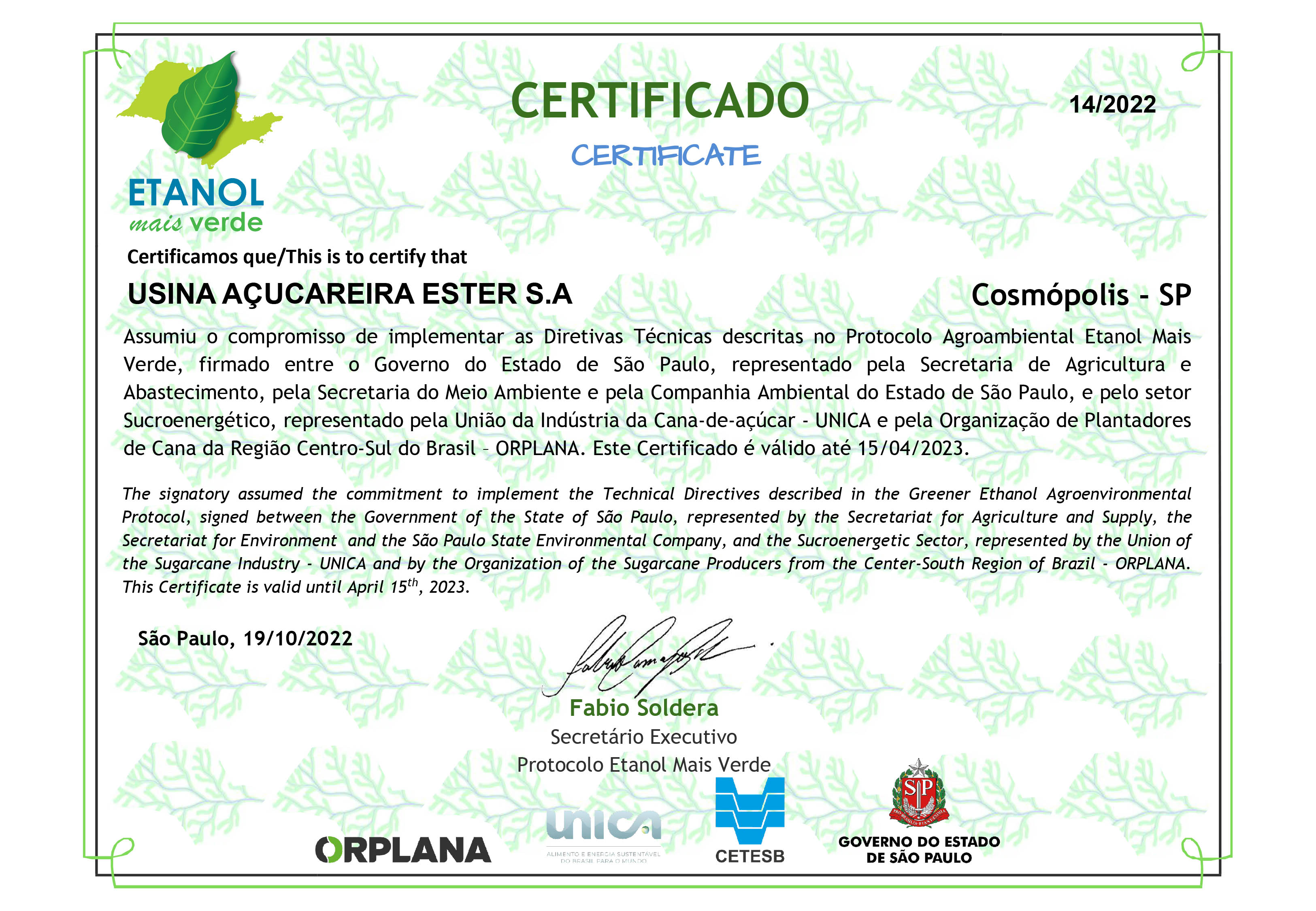 Certificado Etanol Mais Verde